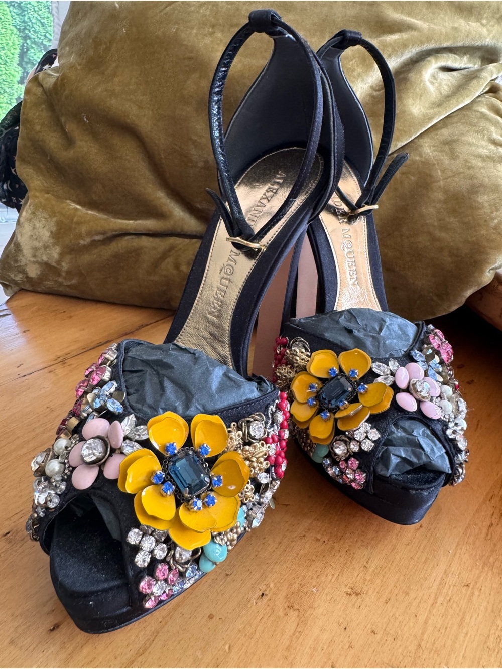 Embellished Black Platform Sandals with Yellow Floral Accent